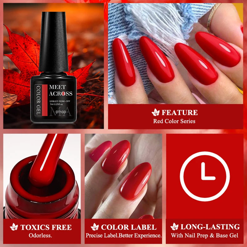 MEET ACROSS 7ml Red Gel Nail Polish Crystal